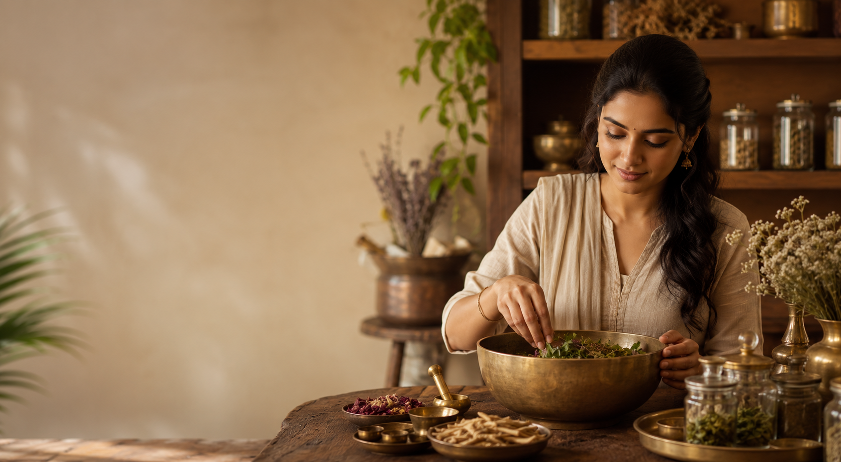 Ayurvedic herbs being stone-ground the traditional way