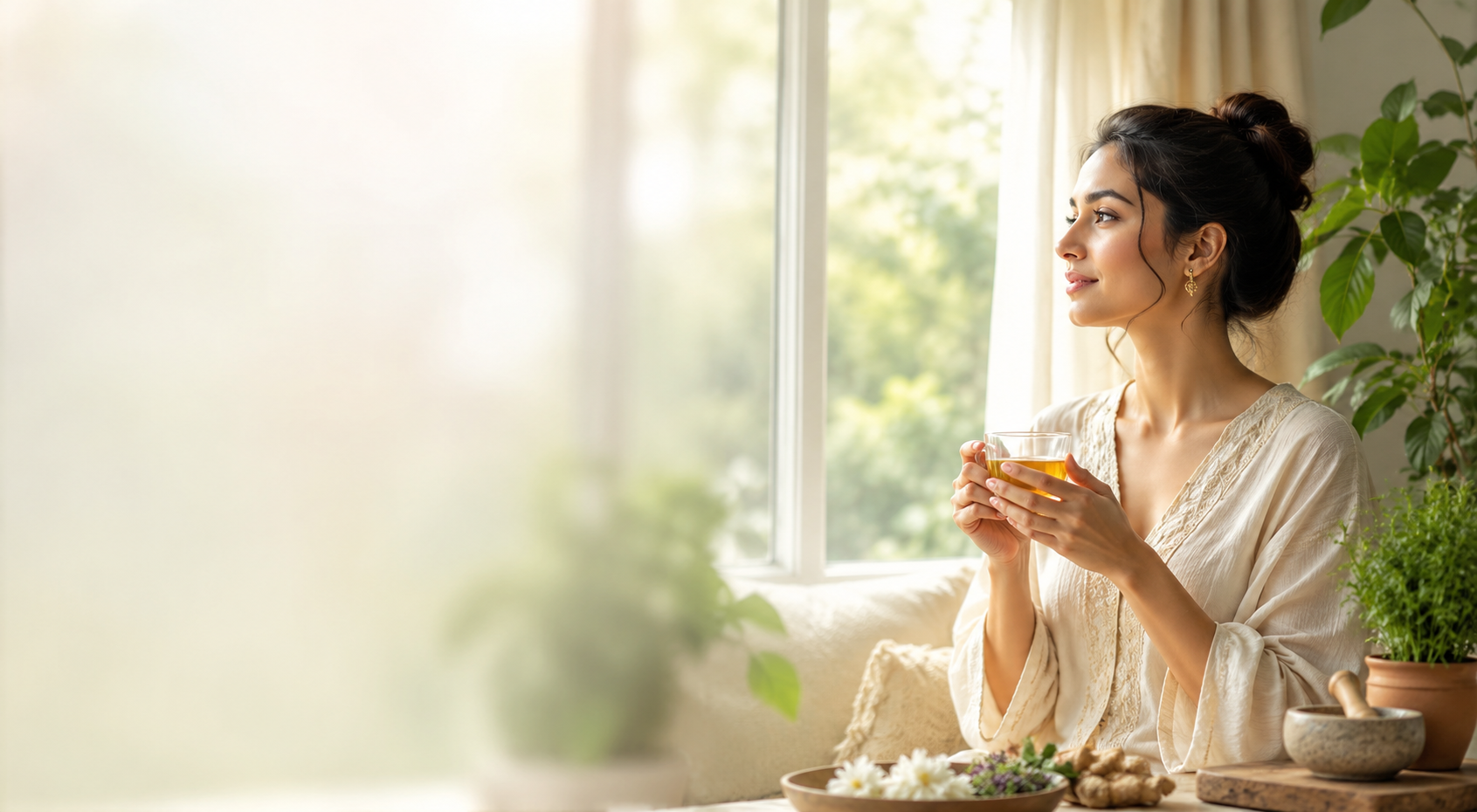 Woman enjoying a cup of pure Ayurvedic herbal tea by a sunlit window