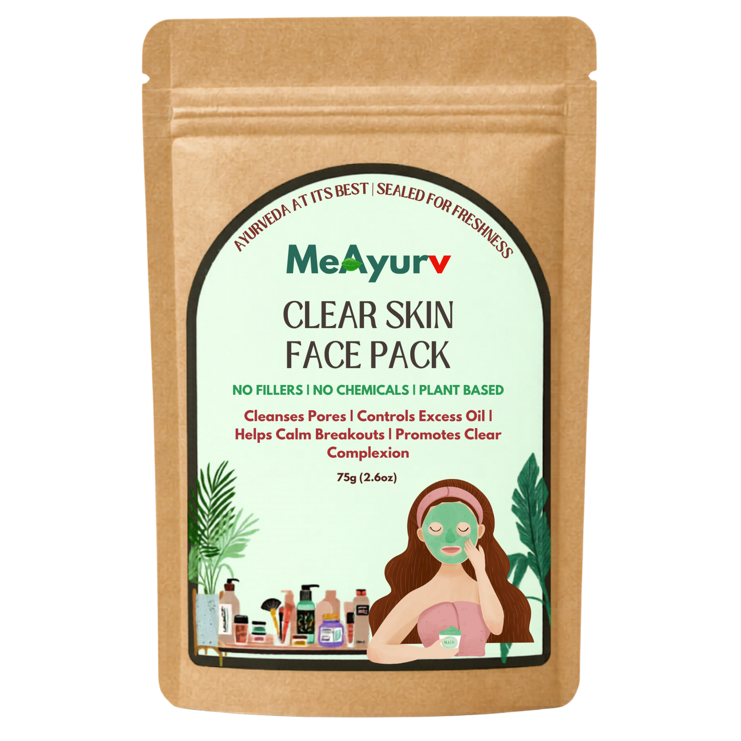 MeAyurv Clear Skin Herbal Face Pack | Neem & Tulsi Pimple Control Mask | Oil-Balancing Anti-Blemish Pack for Clear Skin (75g)