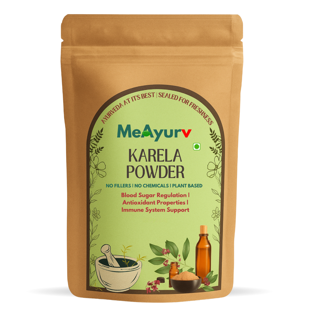 MeAyurv Organic Karela Powder – Pure Bitter Gourd | Ayurvedic Herbal Supplement for Sugar Balance, Digestion & Metabolism | Natural, Vegan, Chemical Free | MeAyurv
