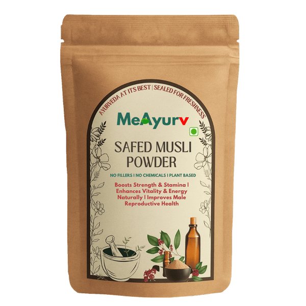 MeAyurv Safed Musli Powder packaging on a green background