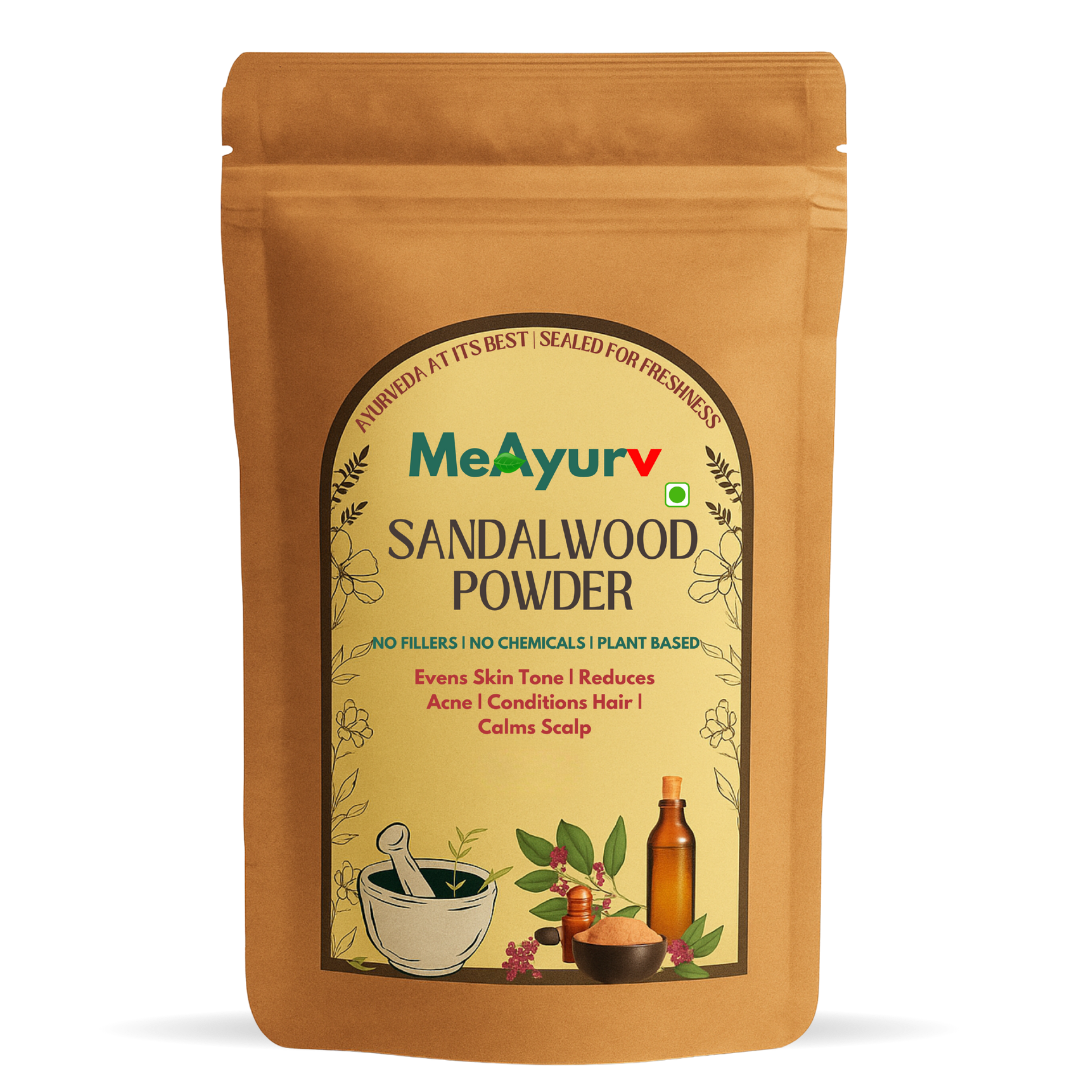 MeAyurv Organic Sandalwood (Chandan) Powder – Pure Sandalwood | Herbal Supplement for Skin Brightening, Cooling & Glow | Natural, Vegan, Chemical Free | MeAyurv