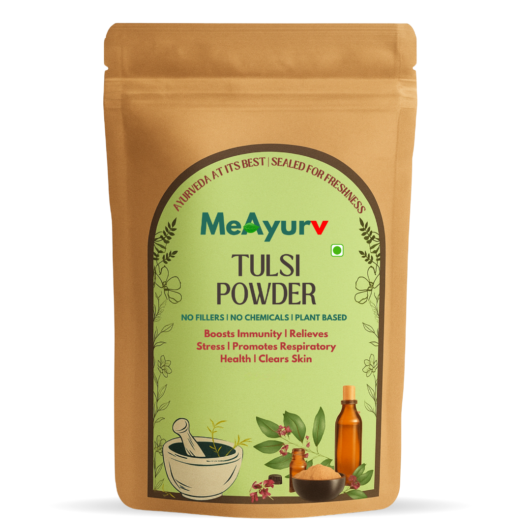 MeAyurv Organic Tulsi Powder – Pure Holy Basil Leaf | Ayurvedic Herbal Supplement for Immunity, Stress Relief & Respiratory Health | Natural, Vegan, Chemical Free | MeAyurv