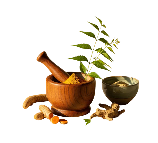 Ayurvedic herbs, mortar and pestle
