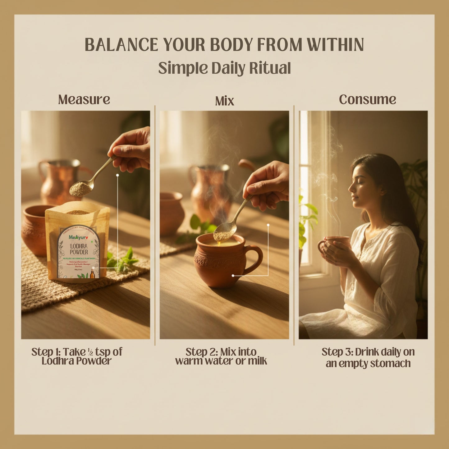 MeAyurv Organic Lodhra Powder – Pure Symplocos Bark | Ayurvedic Herbal Supplement for Skin Health & Hormonal Balance | Natural, Vegan, Chemical Free
