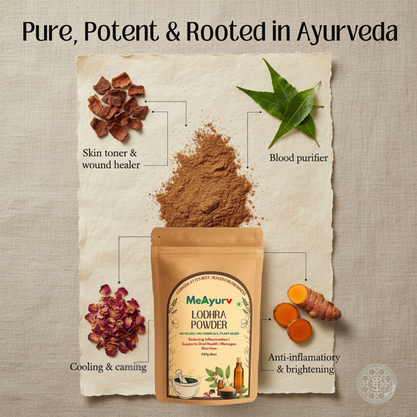 MeAyurv Organic Lodhra Powder – Pure Symplocos Bark | Ayurvedic Herbal Supplement for Skin Health & Hormonal Balance | Natural, Vegan, Chemical Free