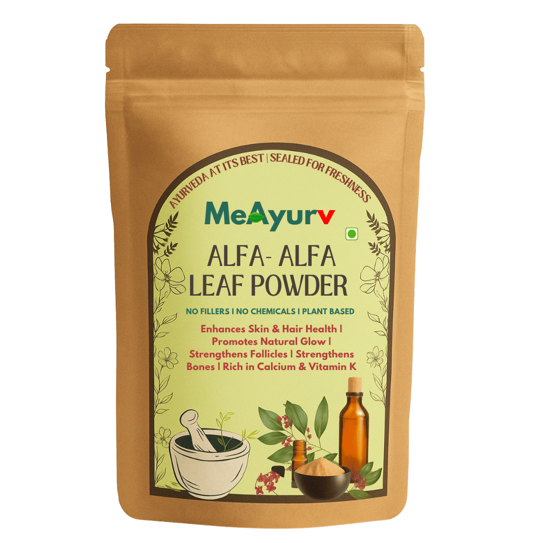 MeAyurv Alfa-Alfa Leaf Powder packaging on a green background
