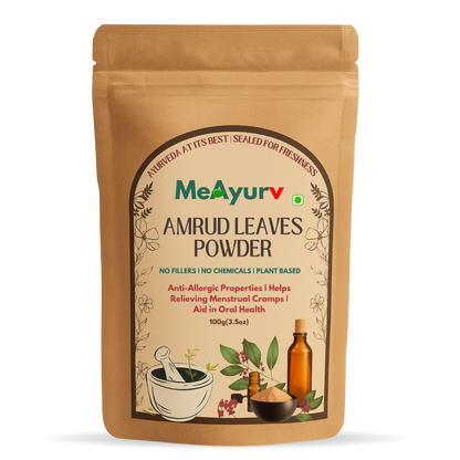 MeAyurv Organic Amrud Leaves Powder – Pure Guava Leaf | Herbal Supplement for Sugar Balance, Digestion & Metabolism | Natural, Vegan, Chemical Free