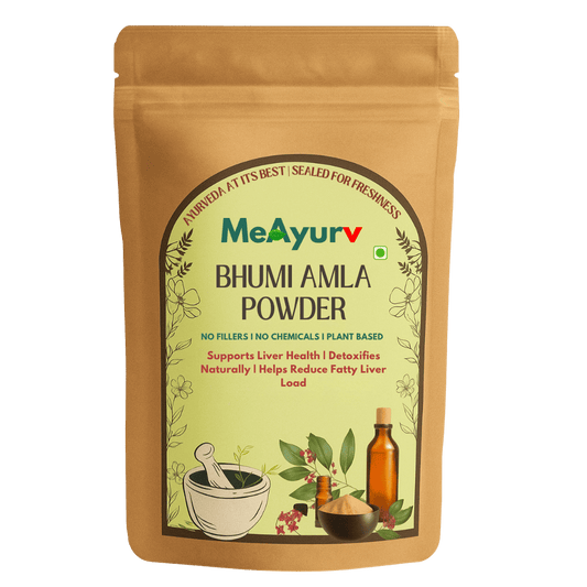 MeAyurv Bhum Amla Powder packaging on a green background