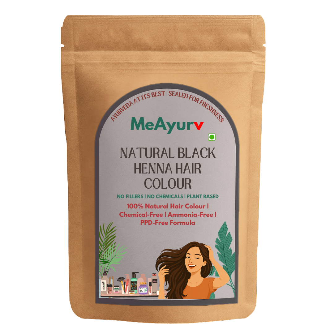 MeAyurv Natural Black Henna Hair Colour, PPD-Free & Ammonia-Free Dye with Indigo for 100% Grey Coverage, Herbal Hair Color