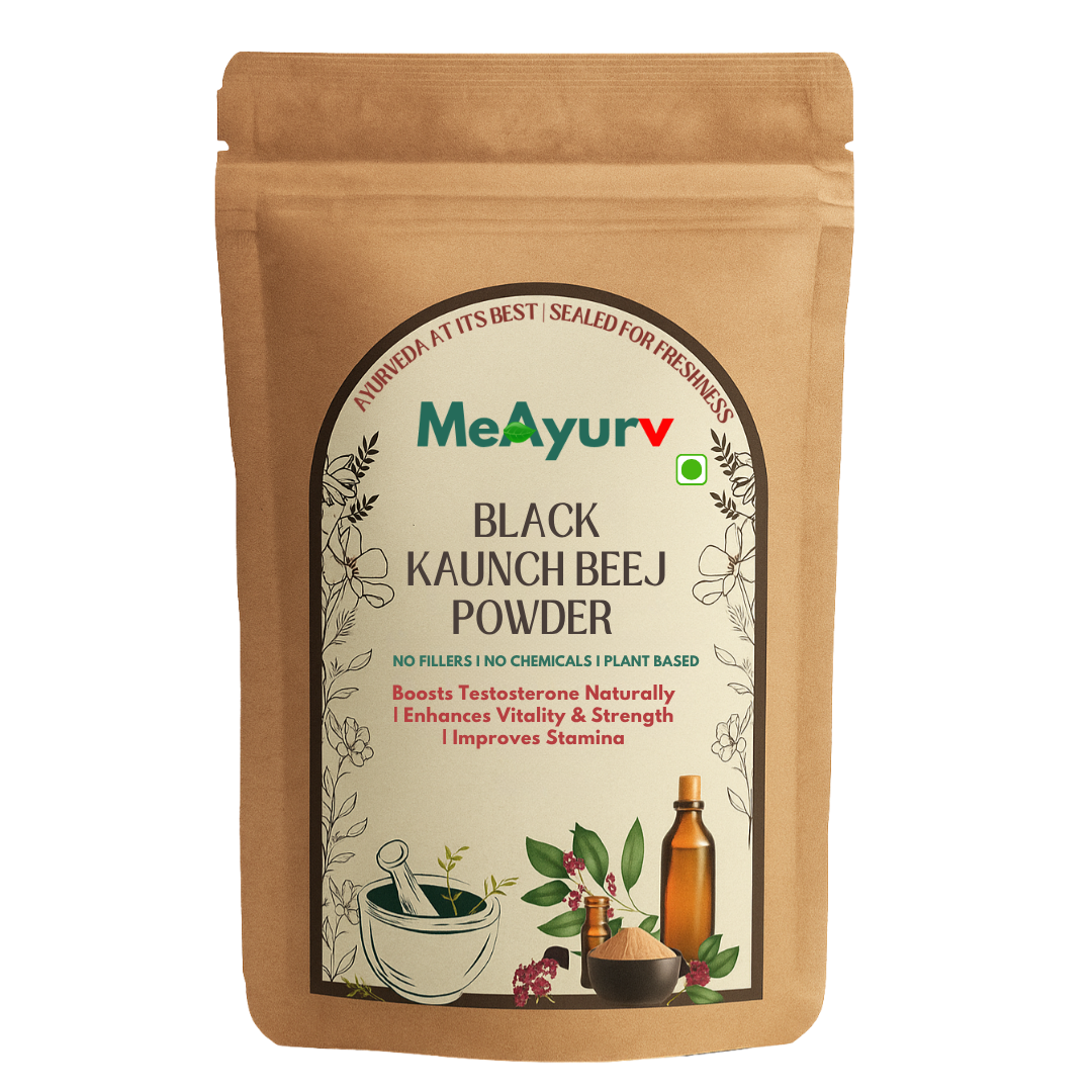 MeAyurv Black Kaunch Beej Powder packaging on a white background