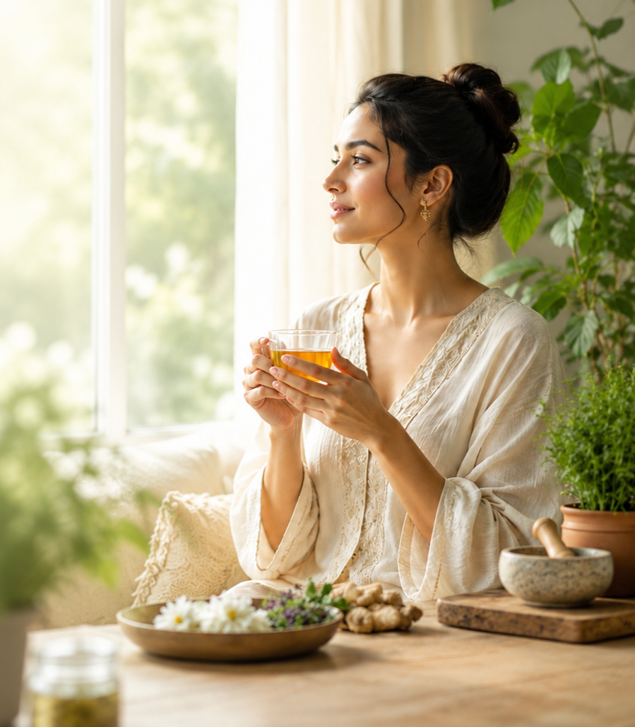 Woman enjoying a cup of pure Ayurvedic herbal tea by a sunlit window