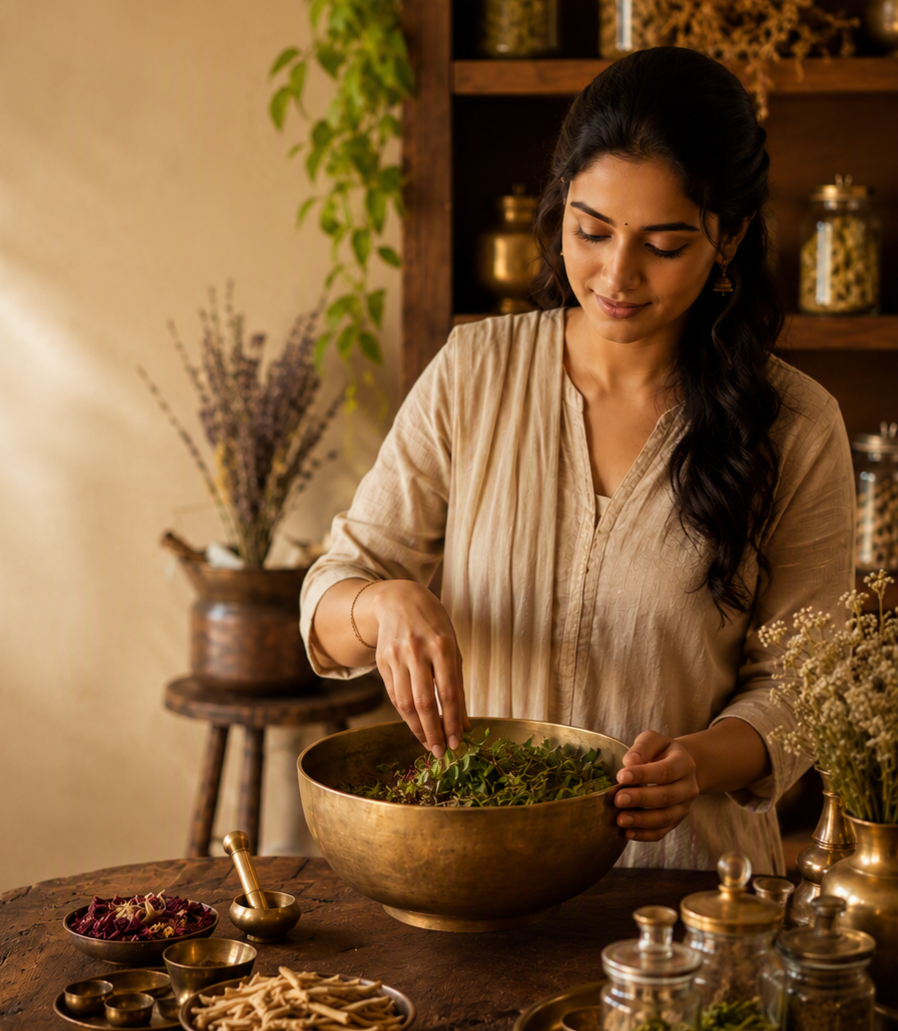 Ayurvedic herbs being stone-ground the traditional way