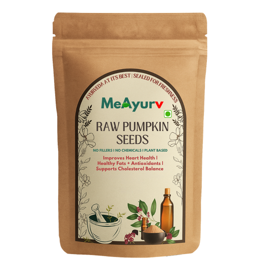 MeAyurv raw pumpkin seeds packaging on a white background