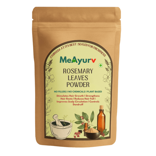 MeAyurv Rosemary Leaves Powder packaging on a green background