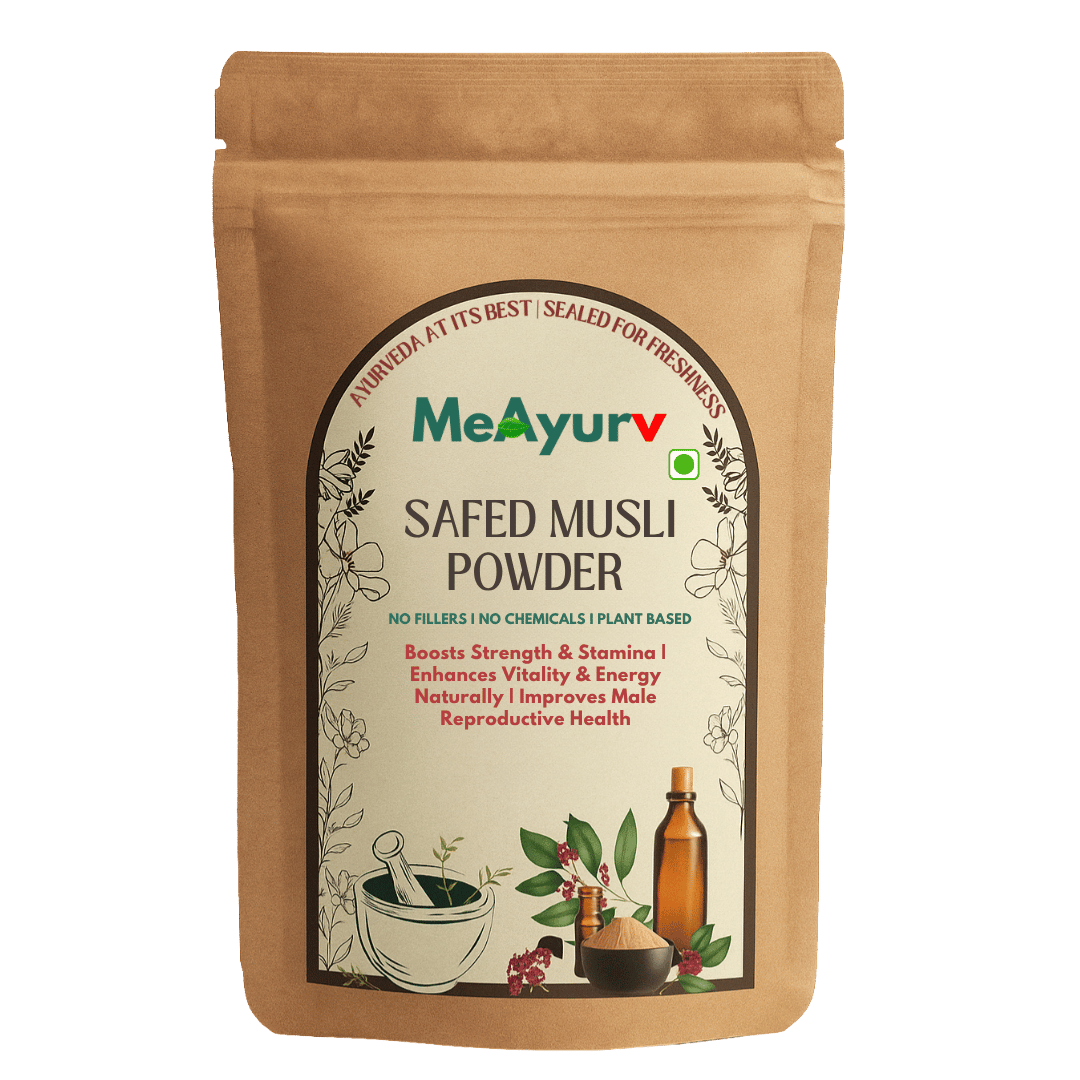 MeAyurv Safed Musli Powder packaging on a green background
