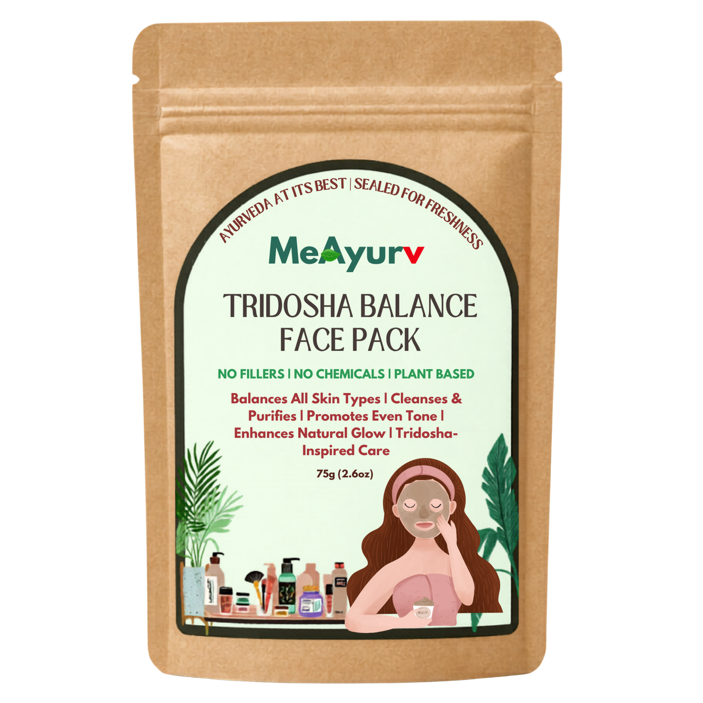 MeAyurv Tridosha Balance Herbal Face Pack | Calming Mask for Sensitive Skin & Redness Relief | Hydrating Sandalwood, Oat & Licorice Blend (75g)